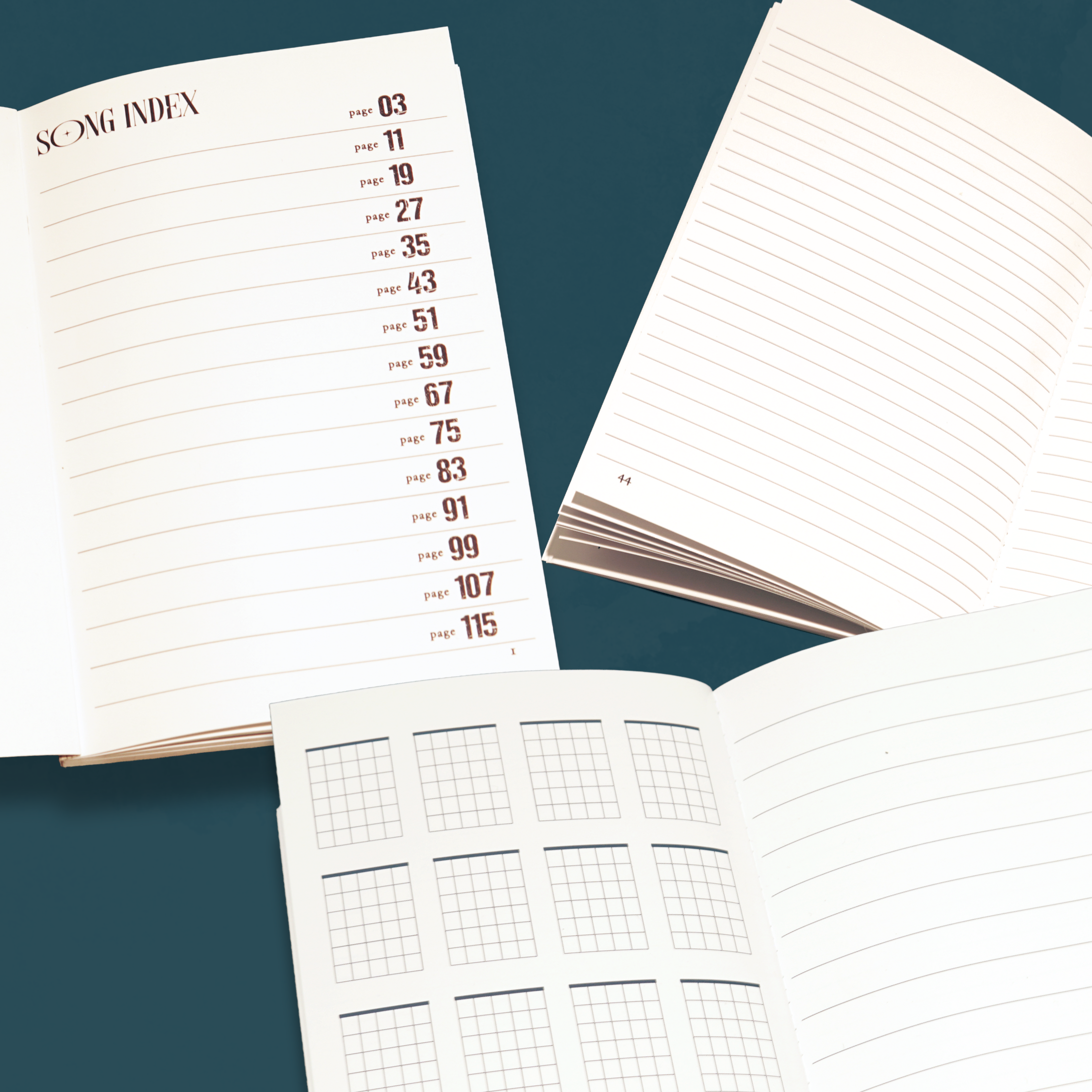 Open notebook with different page types on a teal background